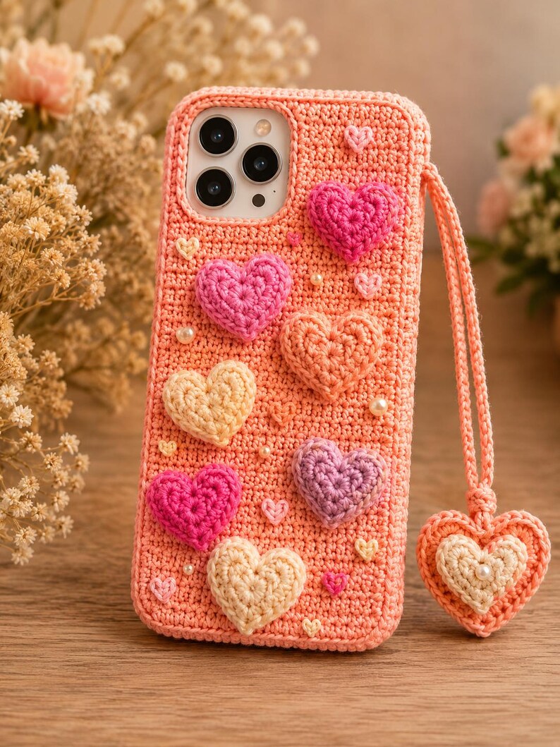 Puede incluir: Una funda de tel&eacute;fono de ganchillo color melocot&oacute;n con varios corazones tridimensionales en tonos rosa, morado y crema. La funda incluye peque&ntilde;os detalles de perlas blancas y una correa de mu&ntilde;eca de ganchillo a juego con un dije de coraz&oacute;n.