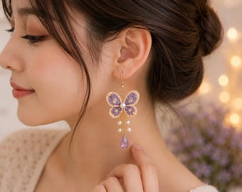 Lavender Butterfly Earrings Crochet Pattern PDF, Handmade Dangle Earrings Tutorial, Purple Butterfly Jewelry Pattern, Beaded Earrings
