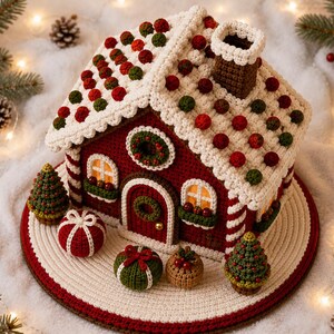 May include: A crochet gingerbread house featuring a dark red exterior, a white roof decorated with red and green pom-poms, and a brown chimney. The house includes a central door, two windows, and is surrounded by small crochet trees and gift boxes.