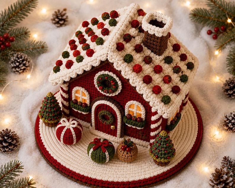 May include: A crochet gingerbread house featuring a dark red exterior, a white roof decorated with red and green pom-poms, and a brown chimney. The house includes a central door, two windows, and is surrounded by small crochet trees and gift boxes.