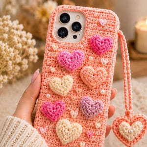 Puede incluir: Una funda de tel&eacute;fono de ganchillo color melocot&oacute;n con m&uacute;ltiples corazones tridimensionales en tonos rosa, lavanda y crema. La funda incluye una correa de mu&ntilde;eca de ganchillo a juego con un dije de coraz&oacute;n colgante y peque&ntilde;as perlas blancas.