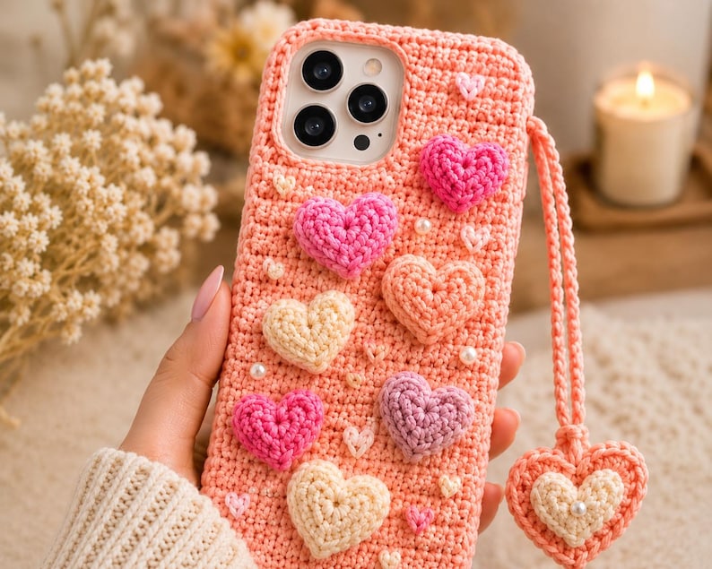 Puede incluir: Una funda de tel&eacute;fono de ganchillo color melocot&oacute;n con m&uacute;ltiples corazones tridimensionales en tonos rosa, lavanda y crema. La funda incluye una correa de mu&ntilde;eca de ganchillo a juego con un dije de coraz&oacute;n colgante y peque&ntilde;as perlas blancas.