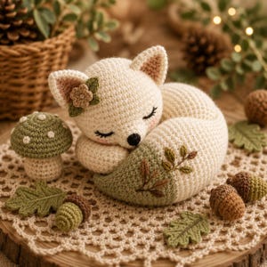 Virkmönster för sovande räv i skogen i PDF-format, mönster för amigurumi-räv, handledning för plyschdjur i skogen, PDF-nedladdning direkt, enkel virkning
