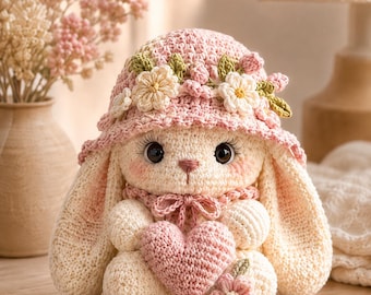 May include: A cream-colored crocheted rabbit doll wearing a pink floral hat with white and pink blossoms. The rabbit has large dark eyes, long ears, and holds a textured pink heart in its paws. A small pink flower is attached to its lower foot.