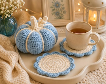 Crochet Pumpkin & Flower Coaster Pattern PDF | Pastel Blue Pumpkin Decor | Easy Crochet Home Decor Pattern | Instant Digital Download