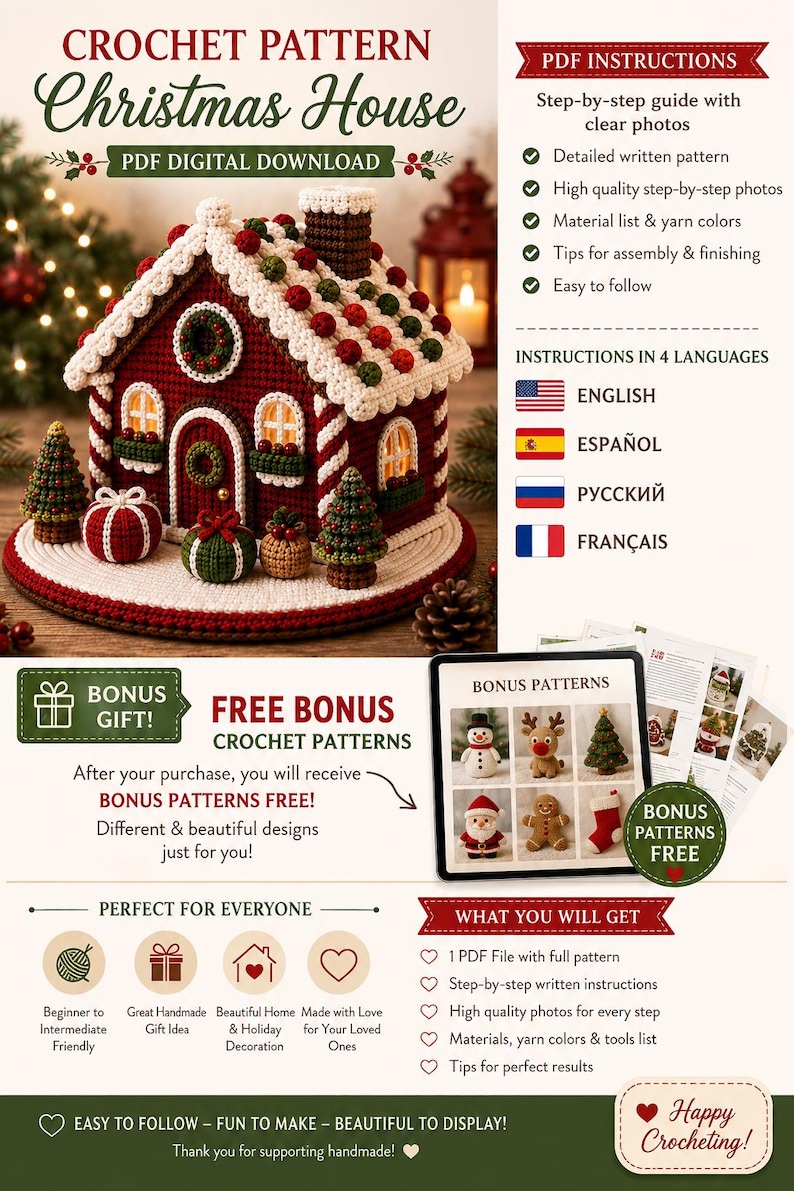 May include: A digital crochet pattern for a Christmas house, featuring a red and white gingerbread-style structure with a chimney, decorated with small trees and gifts. The document includes text, instructions, and bonus patterns for holiday items.