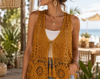 Handmade Mustard Gold Mandala Crochet Vest – Boho Festival Tie-Front Top