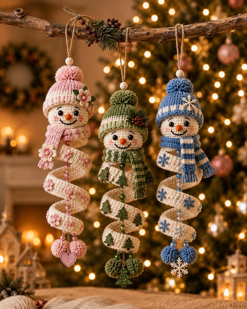 May include: Three hanging crochet snowman ornaments with spiral bodies. The left snowman wears a pink hat and scarf with flower accents. The center snowman has a green hat and scarf with tree motifs. The right snowman features a blue hat and scarf with snowflake details.