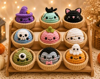 Halloween Crochet Basket Pattern | Witch Ghost Cat Skull Pumpkin Mummy Vampire Cyclops | Amigurumi PDF Pattern | Halloween Decor