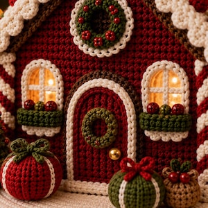 May include: A crocheted gingerbread house featuring a dark red facade, white trim, and arched windows with green window boxes. The structure includes a green wreath on the door, a small Christmas tree, and round gift-shaped ornaments in red and green.