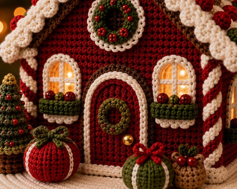 May include: A crocheted gingerbread house featuring a dark red facade, white trim, and arched windows with green window boxes. The structure includes a green wreath on the door, a small Christmas tree, and round gift-shaped ornaments in red and green.