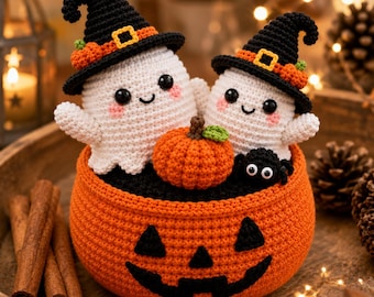Cesta de Abóbora Fantasma de Halloween em Crochê - Padrão em PDF | Padrão de Crochê Amigurumi | Nível Intermediário | Download Imediato