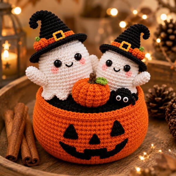 Haakpatroon voor een Halloween spookpompoenmandje (PDF) | Amigurumi haakpatroon | Gemiddeld niveau | Direct te downloaden