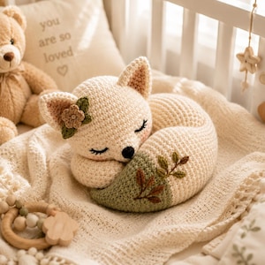 Puede incluir: Un juguete de peluche de zorro tejido a ganchillo en color crema con los ojos cerrados, que presenta una peque&ntilde;a flor en una oreja y la punta de la cola verde bordada con hojas marrones y verdes. El zorro est&aacute; acurrucado sobre una manta.