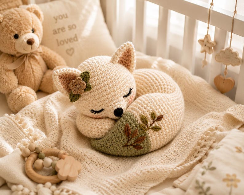Puede incluir: Un juguete de peluche de zorro tejido a ganchillo en color crema con los ojos cerrados, que presenta una peque&ntilde;a flor en una oreja y la punta de la cola verde bordada con hojas marrones y verdes. El zorro est&aacute; acurrucado sobre una manta.