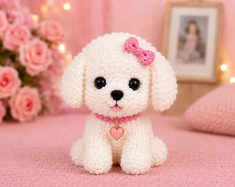 Beginner Amigurumi Poodle Crochet Pattern PDF, Floppy Ears, Bow, Heart Charm