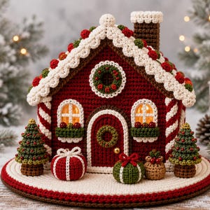May include: A crocheted gingerbread house in deep red with white trim, featuring a chimney, two windows with warm lights, and a front door with a wreath. The house is decorated with red and green accents and sits on a round base with gifts.