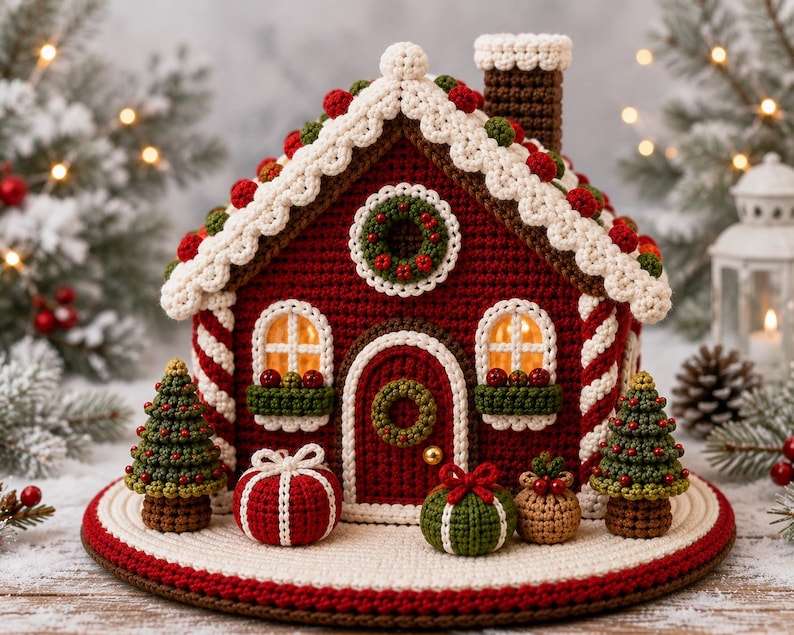 May include: A crocheted gingerbread house in deep red with white trim, featuring a chimney, two windows with warm lights, and a front door with a wreath. The house is decorated with red and green accents and sits on a round base with gifts.