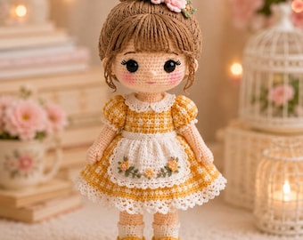 Vintage Cottage Girl Crochet Doll Pattern, Floral Dress Amigurumi Toy (PDF Download)