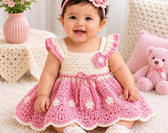 Crochet Baby Dress Pattern, Pink and Cream Baby Dress Set, Crochet Headband & Booties Pattern, Baby Girl Outfit PDF, Instant Download