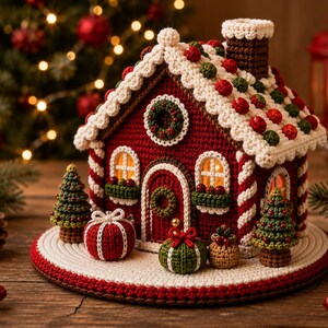 May include: A crocheted gingerbread house with a dark red exterior, white trim, and a brown chimney. The roof is decorated with red and green spheres. In front are two small crocheted pine trees and three wrapped gift boxes on a round base.