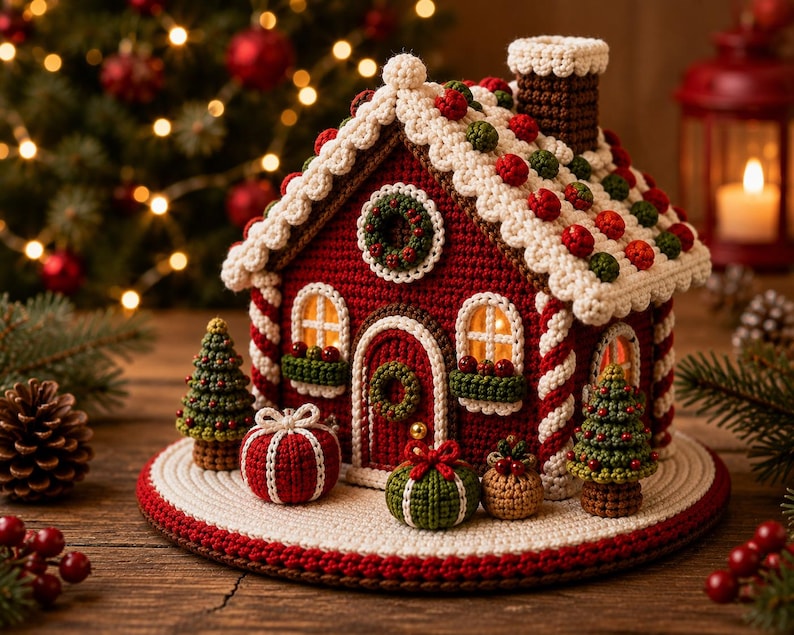May include: A crocheted gingerbread house with a dark red exterior, white trim, and a brown chimney. The roof is decorated with red and green spheres. In front are two small crocheted pine trees and three wrapped gift boxes on a round base.