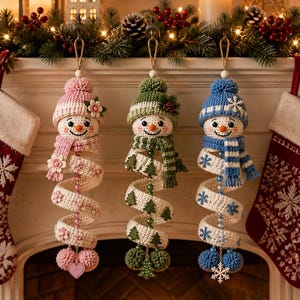 May include: Three hanging crochet snowman ornaments with spiral bodies. The left is pink with flowers, the center is green with trees, and the right is blue with snowflakes. Each snowman wears a matching knit hat and scarf with pom-poms.