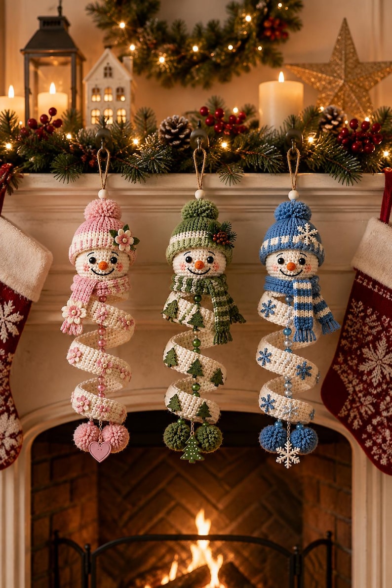 May include: Three hanging crochet snowman ornaments with spiral bodies. The left is pink with flowers, the center is green with trees, and the right is blue with snowflakes. Each snowman wears a matching knit hat and scarf with pom-poms.