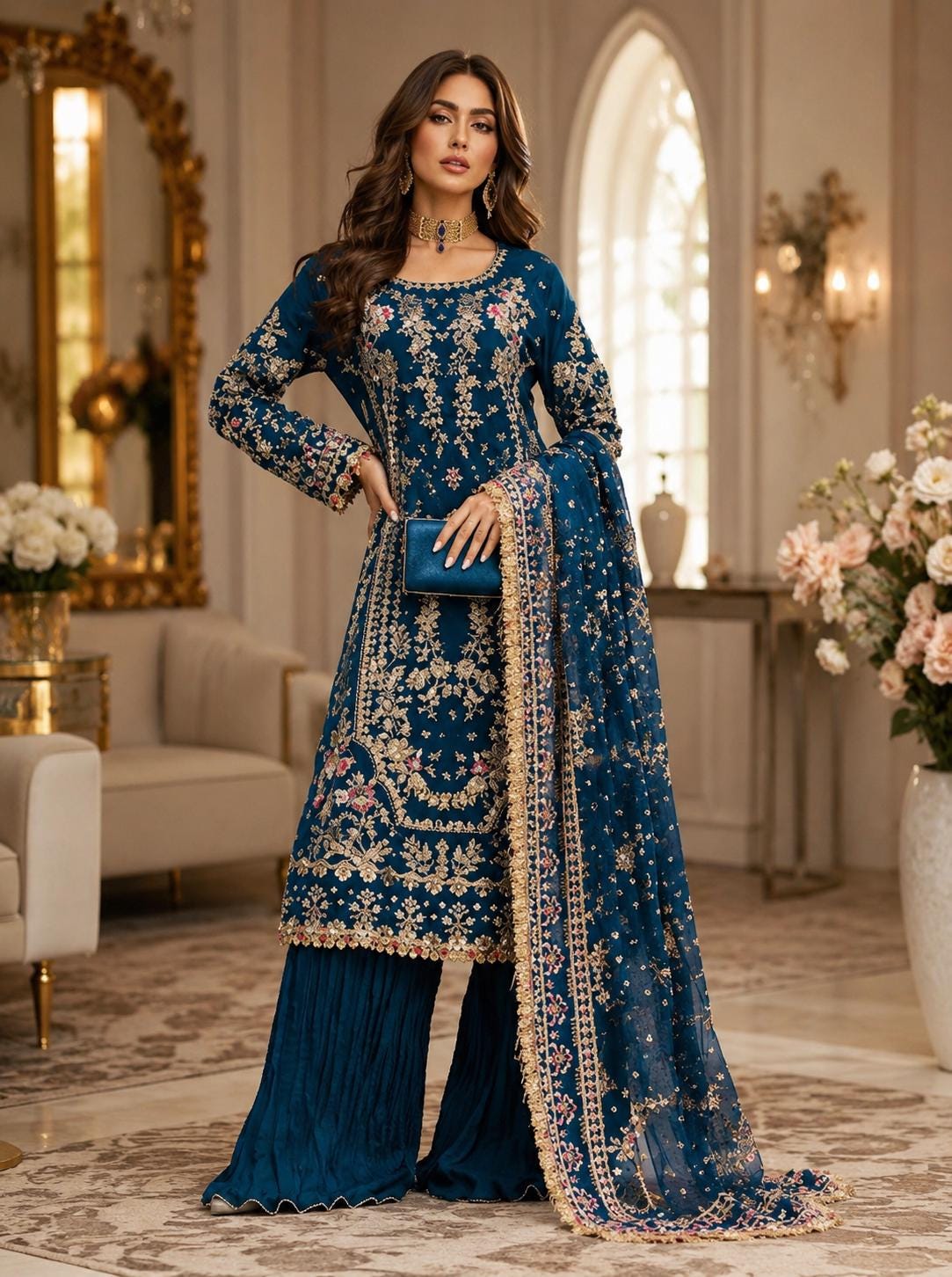 Teal Blue Pakistani Sharara Suit Gold Embroidered Kurta, Dupatta, Festive Wear