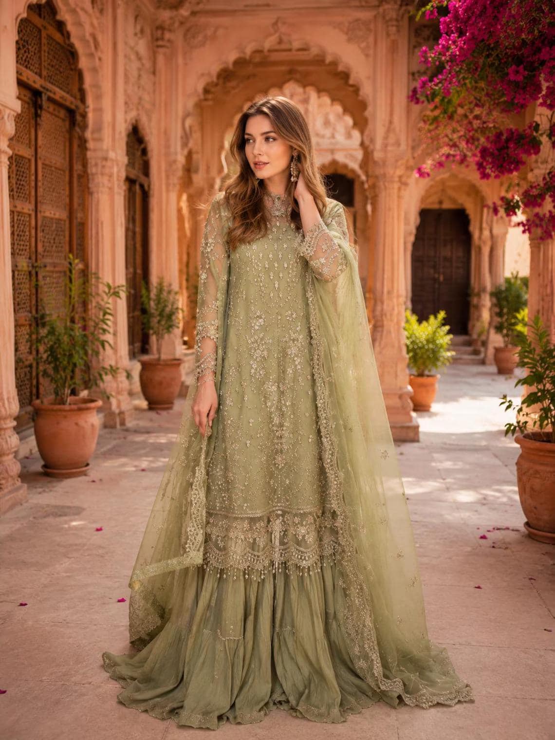Sage Green Embroidered Sharara Suit Pakistani Indian Wedding Guest Eid Outfit