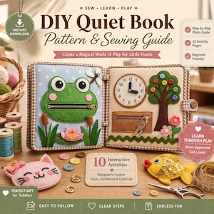 Puede incluir: Un patrón y guía de costura para libro sensorial DIY con una rana de fieltro sobre una página azul de lunares y un reloj con un árbol en una página beige. Incluye una pieza de fieltro con forma de gato, un pez de lentejuelas y una cinta métrica.