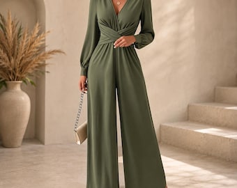 Women's Elegant V Neck Wide Leg Jumpsuit High Waist Tie Front One Piece