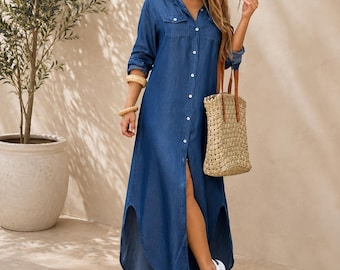 Denim overhemd maxi jurk voor dames met lange mouwen en knoopsluiting, casual A-lijn zomerjurk voor op reis