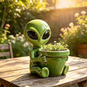 May include: A glossy, lime green ceramic planter shaped like a seated alien figure with large, smooth black eyes. The alien figure holds a round, matching green pot containing small, vibrant green leafy plants with tiny white flowers.