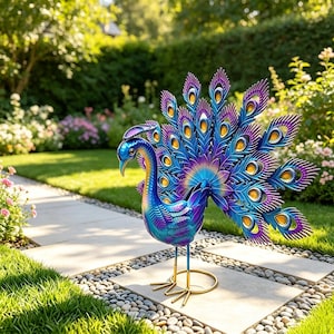 Può includere: Una scultura da giardino in metallo a forma di pavone con un vibrante gradiente di piume blu, viola e verde acqua. La coda è aperta a ventaglio con motivi a occhio color oro. La figura poggia su due sottili zampe in metallo color oro.
