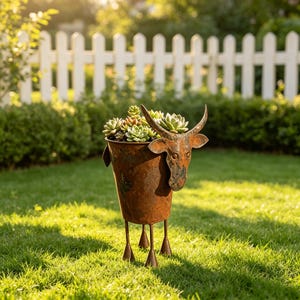 May include: A rust-colored metal planter shaped like a bull with four thin legs and a head featuring two horns. The cylindrical body of the planter is filled with a variety of green succulent plants, creating a decorative container for greenery.
