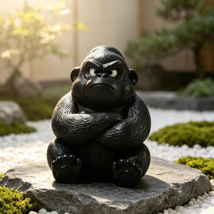 May include: A matte black gorilla figurine with a stern facial expression and crossed arms. The gorilla is depicted in a seated position with detailed fur texture, visible eyes, and rounded ears, crafted as a solid decorative sculpture.