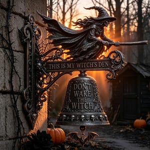 May include: A dark metallic wall-mounted sign featuring a witch on a broomstick above a bell. The sign reads THIS IS MY WITCH'S DEN and the bell reads DON'T WAKE THE WITCH. The structure includes ornate scrollwork, spiderwebs, and skull accents.