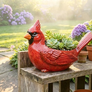 May include: A bright red ceramic cardinal bird planter featuring a glossy finish, a black face mask, and an orange beak. The bird-shaped container is filled with a cluster of green succulent plants, showcasing detailed moulded feather textures.