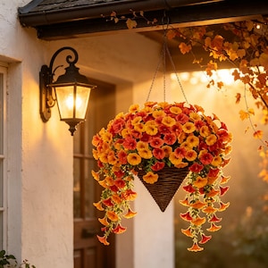 Puede incluir: Una cesta colgante de mimbre trenzado de color marrón oscuro en forma de cono, llena de vibrantes flores de petunia naranjas y amarillas. La cesta cuelga de finas cadenas metálicas bajo un alero, junto a un farol de pared exterior negro.