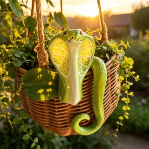 May include: A glossy green ceramic cobra figurine with a hood featuring a translucent, yellow-green citrus slice pattern. The snake has a textured, scaled body that curves downward, positioned within a brown woven hanging basket filled with green foliage.