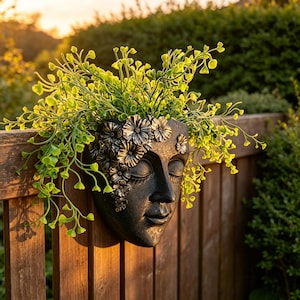 Può includere: Un vaso da parete grigio scuro a forma di volto umano con occhi chiusi ed espressione serena. Il vaso presenta un gruppo decorativo di fiori dai toni metallici su un lato ed è riempito con un fogliame verde brillante che ricade verso il basso.