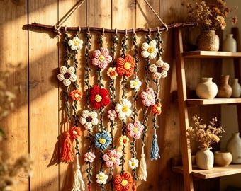 Kwiatowa dekoracja ścienna w stylu boho, makramowa gobelinowa tkanina z kwiatami, zasłona okienna w stylu boho, dekoracja ścienna z dzikimi kwiatami do sypialni i salonu