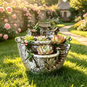 May include: A silver-toned resin planter shaped like a tiered mountain landscape with a miniature house structure at the top. The planter features integrated stairs and contains four green and pink succulent plants nestled within the rocky crevices.