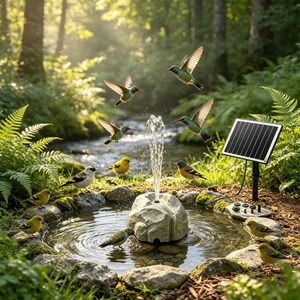Może przedstawiać: Fontanna solarna z centralną pompą w kształcie kamienia rozpylającą wodę w g&oacute;rę, otoczona okrągłym obrzeżem z kamieni. Wok&oacute;ł wody gromadzą się liczne małe ptaki i kolibry, obok znajduje się czarny panel słoneczny na słupku.
