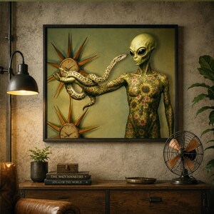 Poster van een alien met een slang – Getatoeëerde buitenaardse met een python – Retro sciencefiction landschap muurdecoratie
