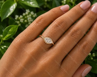 Marquise Cut Lab Grown Diamond East West Ring, 14K Solid Gold Solitaire Engagement Ring