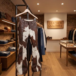 Könnte beinhalten: Eine braun-weiß gefleckte Lederhose mit ausgestelltem Bein, die an einem Holzkleiderbügel an einer schwarzen Metallstange hängt. Die Hose verfügt über ein klassisches Fünf-Taschen-Design mit sichtbaren Nähten und einem Knopfverschluss.