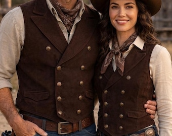 Completo da coppia con gilet in pelle scamosciata stile western, rustico da frontiera, costume da vecchio West