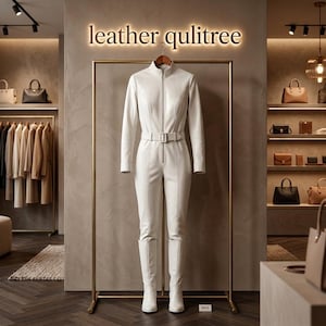 May include: A white leather jumpsuit with a high collar, a full-length front zipper, and a matching belt with a rectangular buckle. The jumpsuit is displayed on a wooden hanger suspended from a gold metal rack, paired with matching white boots.